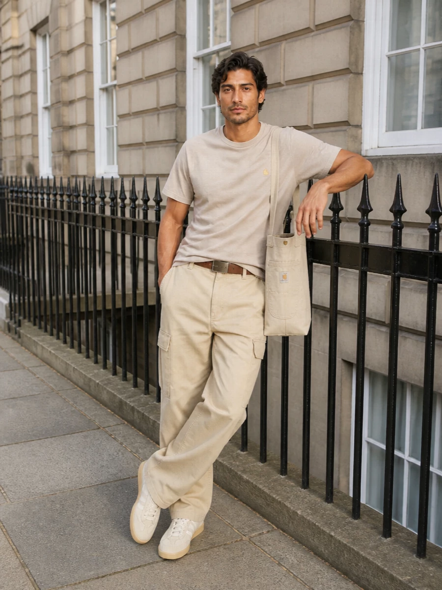 Carhartt beige cargo outfit adidas trainers