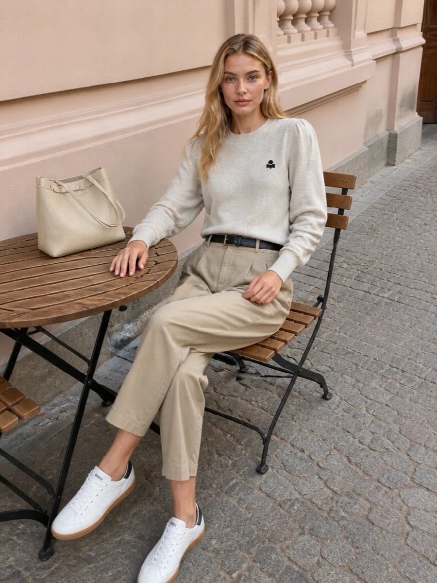 Tonal oatmeal and sand neutrals keep this Isabel Marant Étoile knit and pleated trouser pairing quietly refined yet relaxed. A slim black belt and monochrome sneakers pick up the logo detailing for a subtle, cohesive finish. The result is an easy, city-ready outfit that feels soft, modern and deliberately understated.