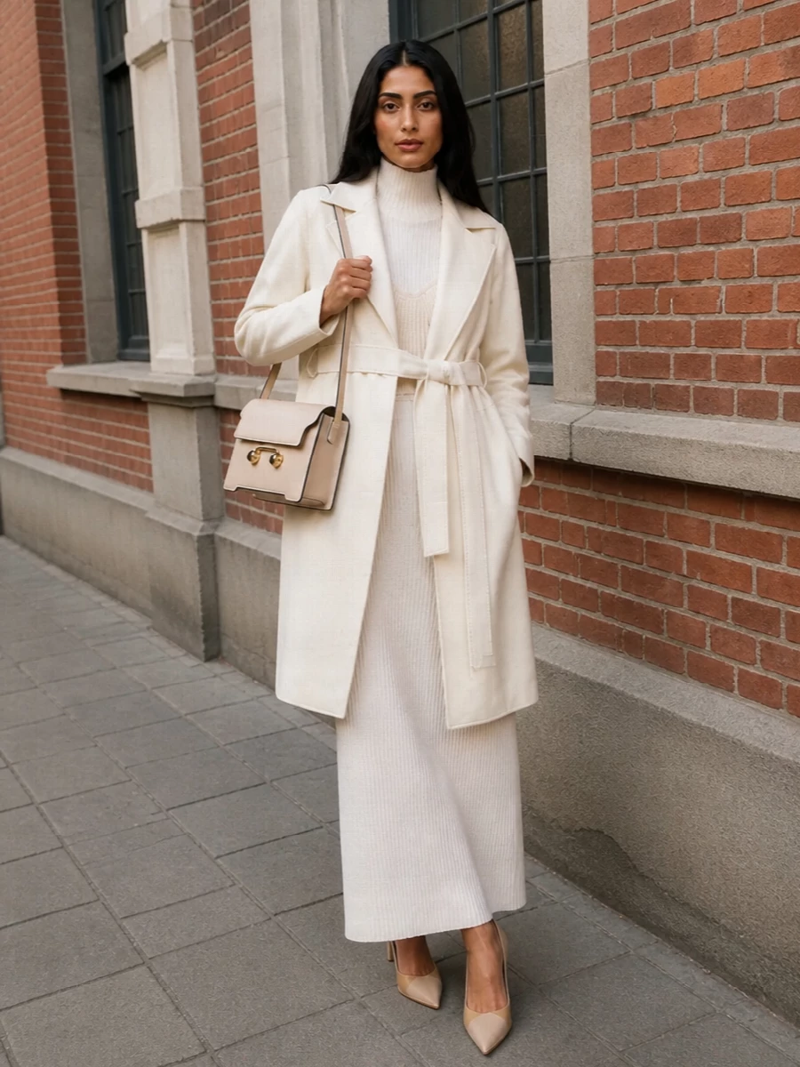 I am taking the dress path here, letting the Gaultier ribbed ivory maxi form a continuous winter-white column under the cream Max Mara coat. The result is a quietly formal, almost sculptural silhouette, tightened by the coat belt, then refined with camel suede d’Orsay heels and a structured cream Marni bag for soft contrast and subtle definition. It reads as modern evening suiting without any literal tailoring, ideal for dinners or gallery nights where you want presence without volume or noise.