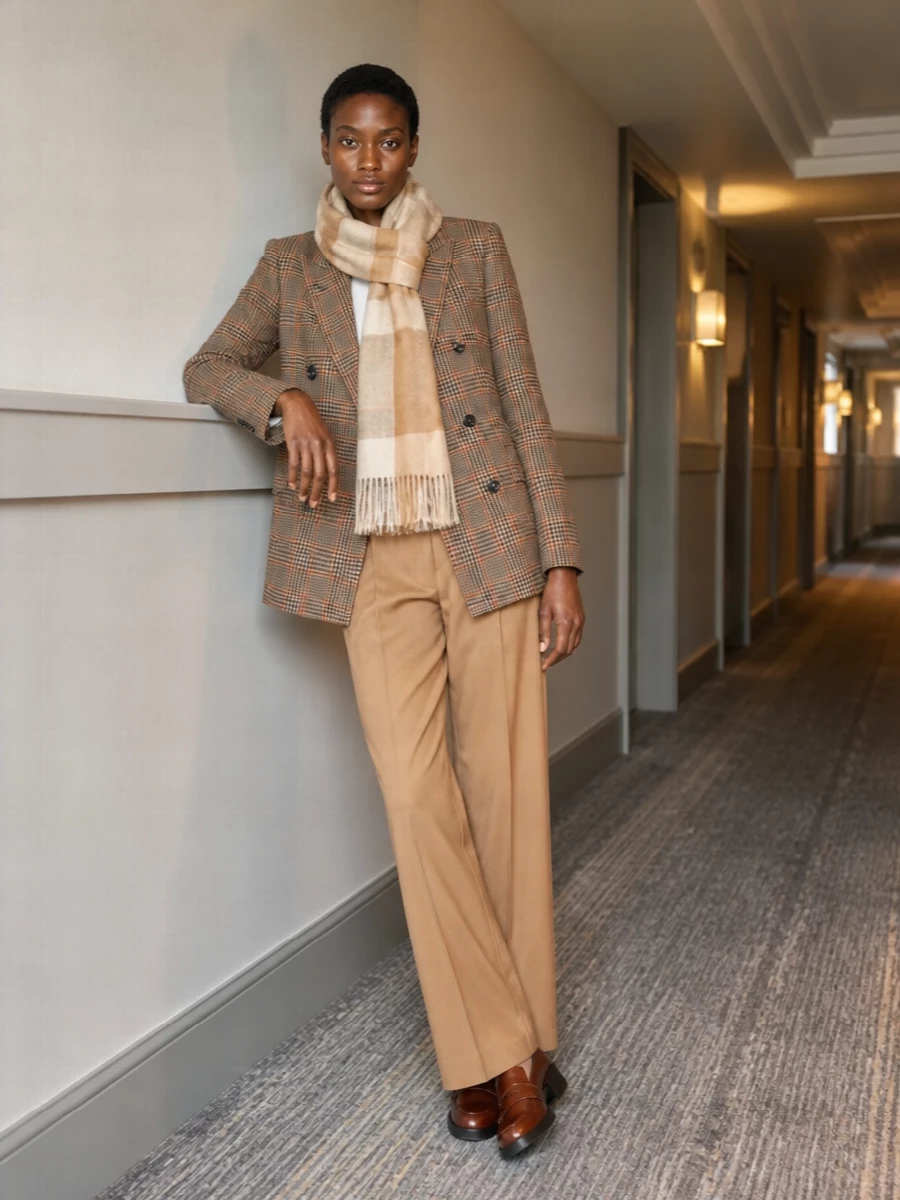 Tagliatore blazer camel wide leg trousers outfit