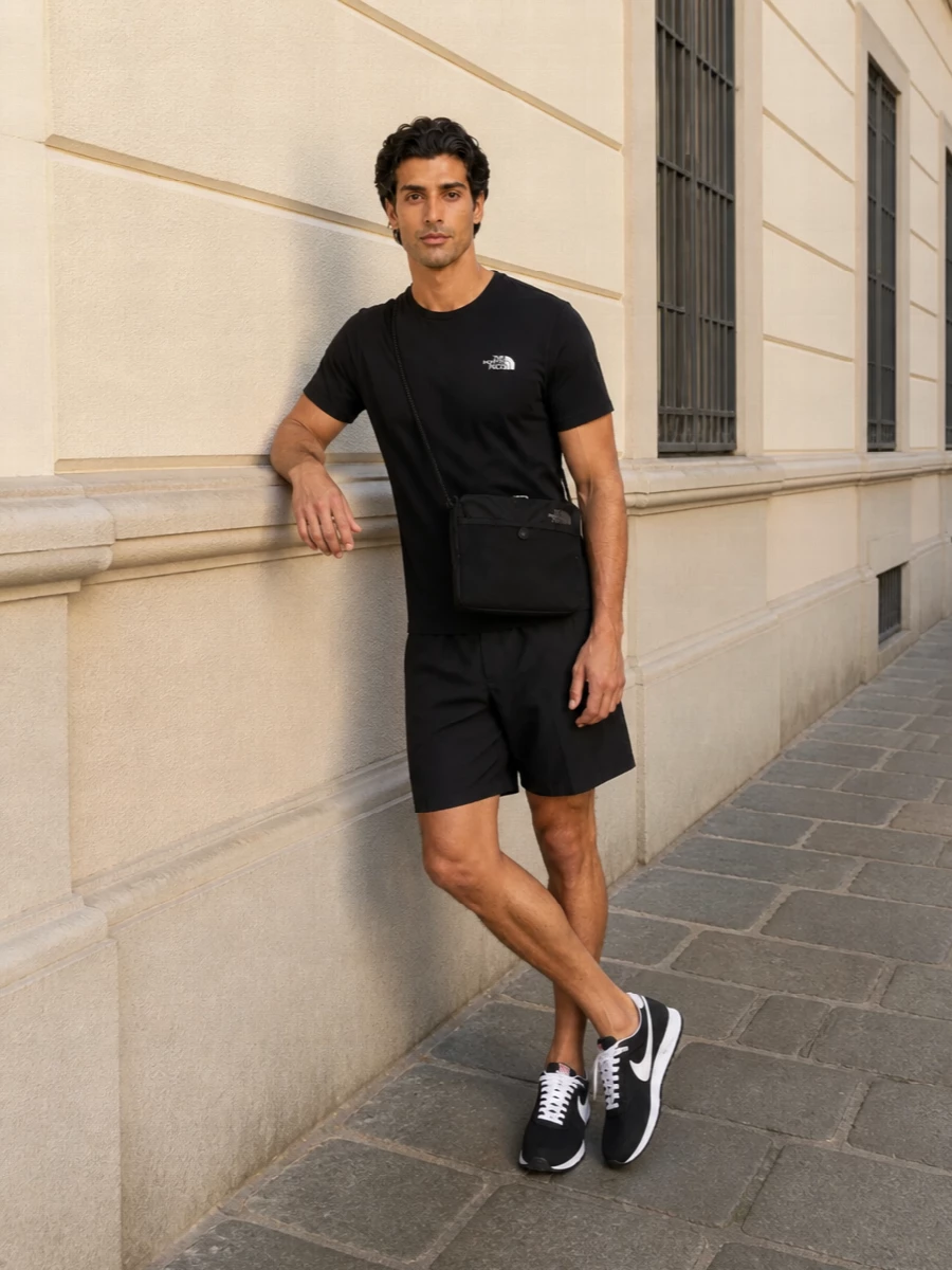 A monochrome, technical take on warm-weather streetwear, this pairing keeps everything in a tight black-and-white story with discreet logos doing the talking. The regular-cut tee and mid-length shorts sit relaxed but tidy, while the retro runners and crossbody bag add just enough urban edge for city days that might drift toward the trail. It is easy, athletic and quietly branded from head to toe without feeling busy.
