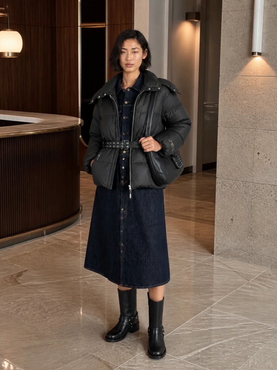 Ganni puffer denim shirt dress harness boots
