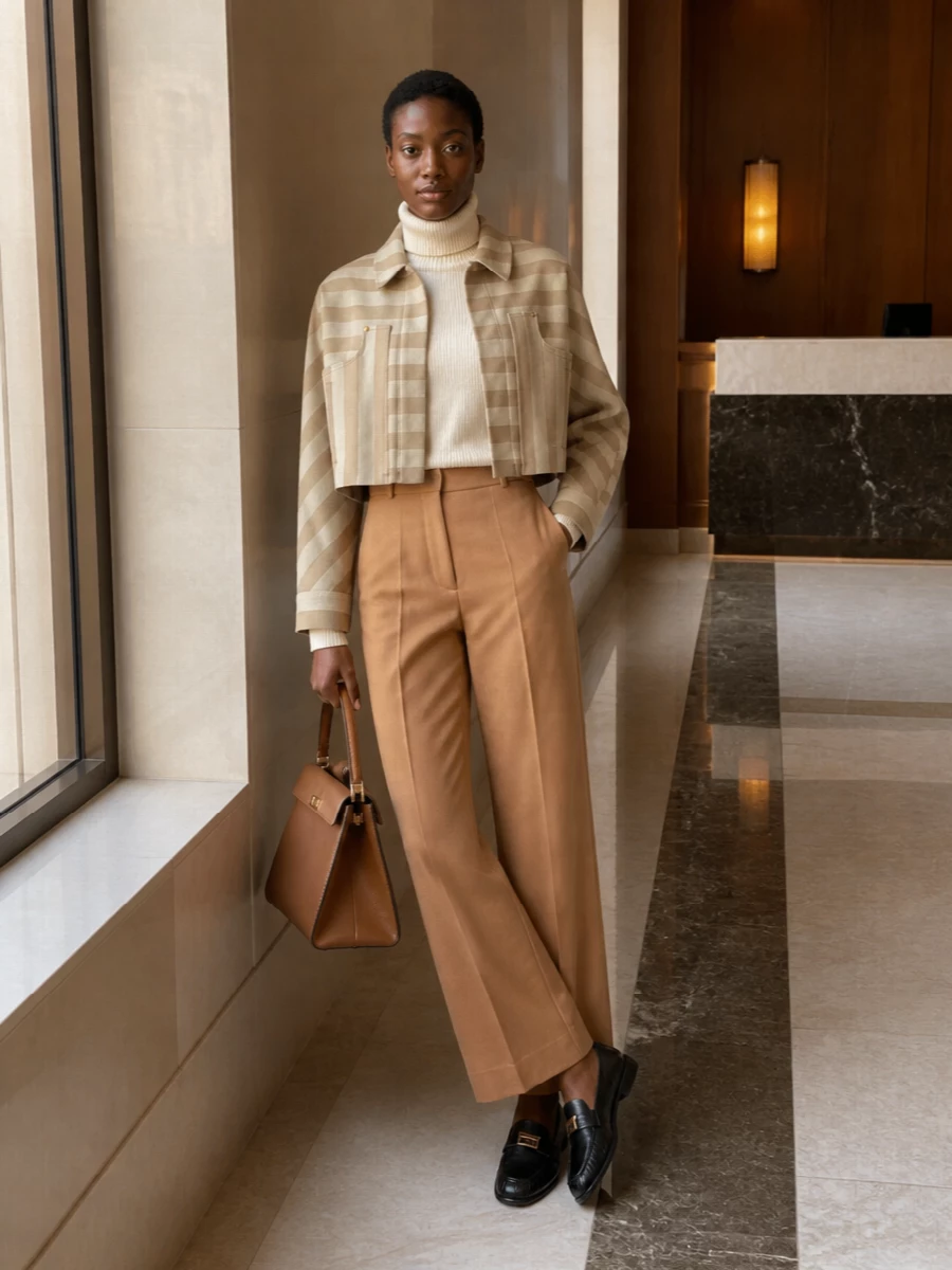 Fendi striped jacket camel trousers outfit