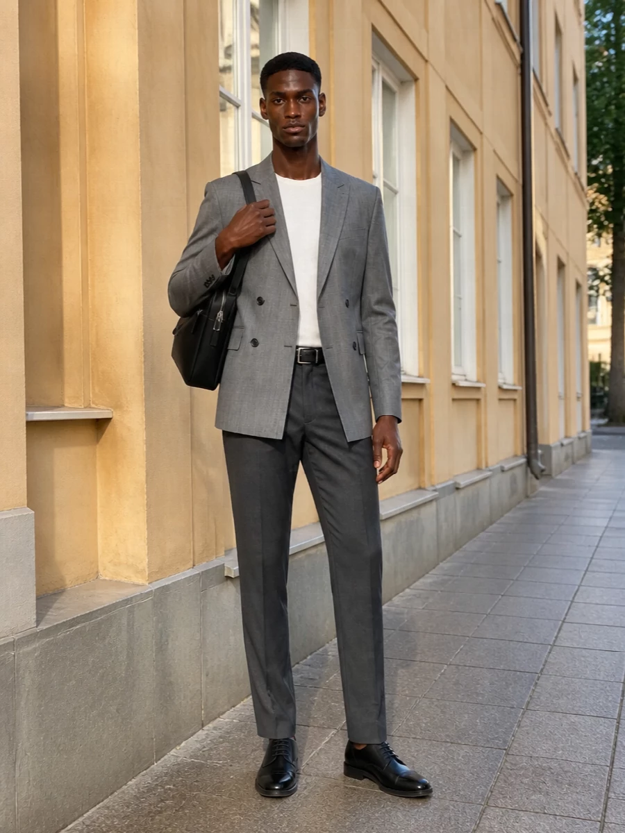 Hugo grey double breasted blazer charcoal trousers