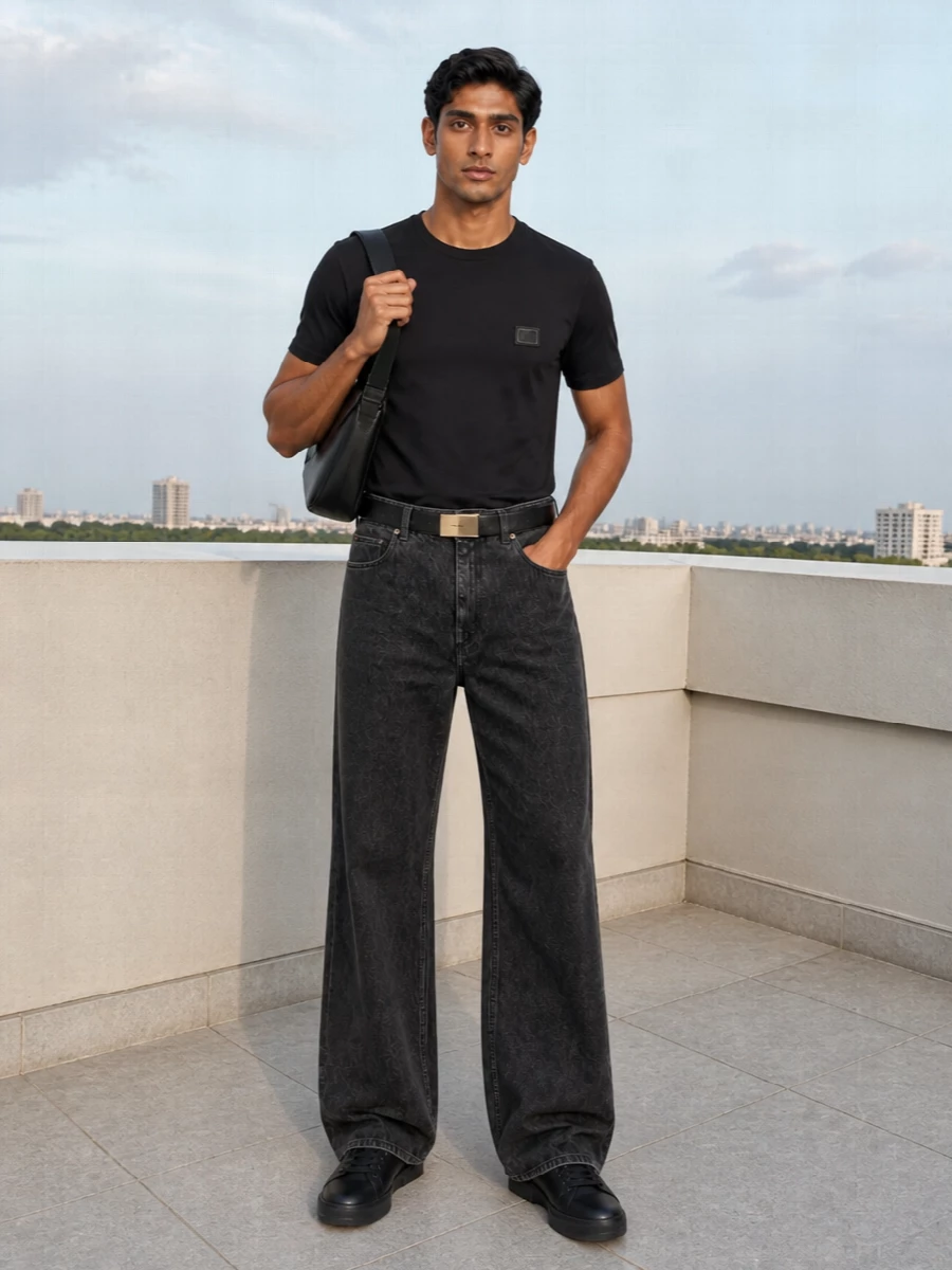 Dolce gabbana black tshirt wide leg jeans outfit