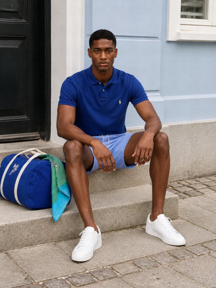 Ralph lauren blue polo adidas white sneakers