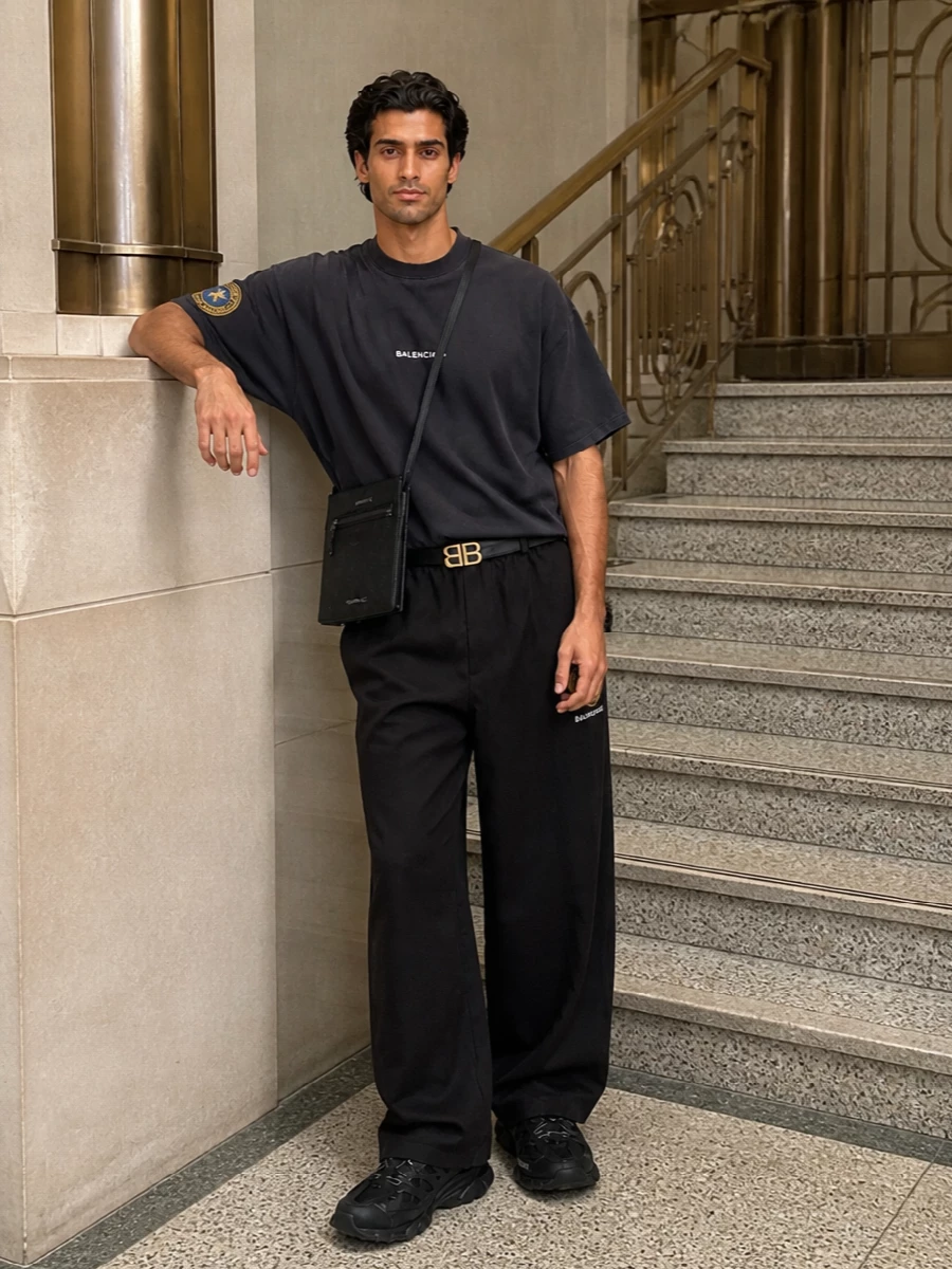 Balenciaga wide leg track pants crest tee outfit