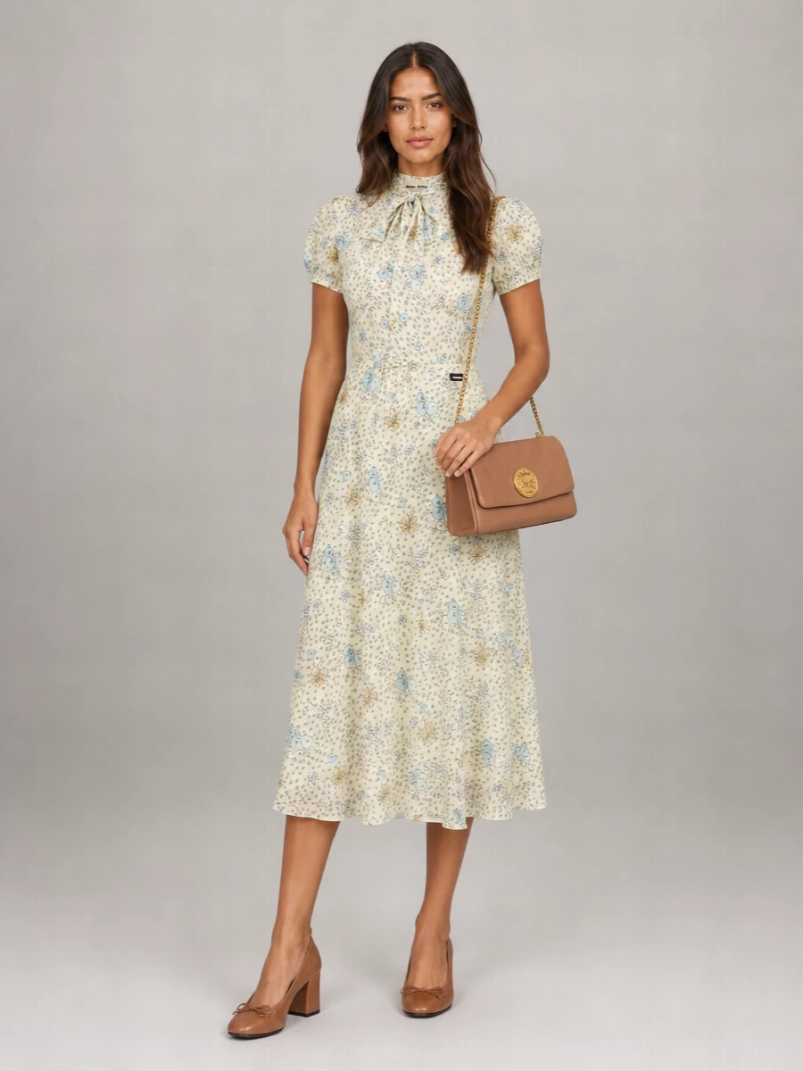 Miu Miu Silk Floral Print Tie Neck Belted Midi Dress