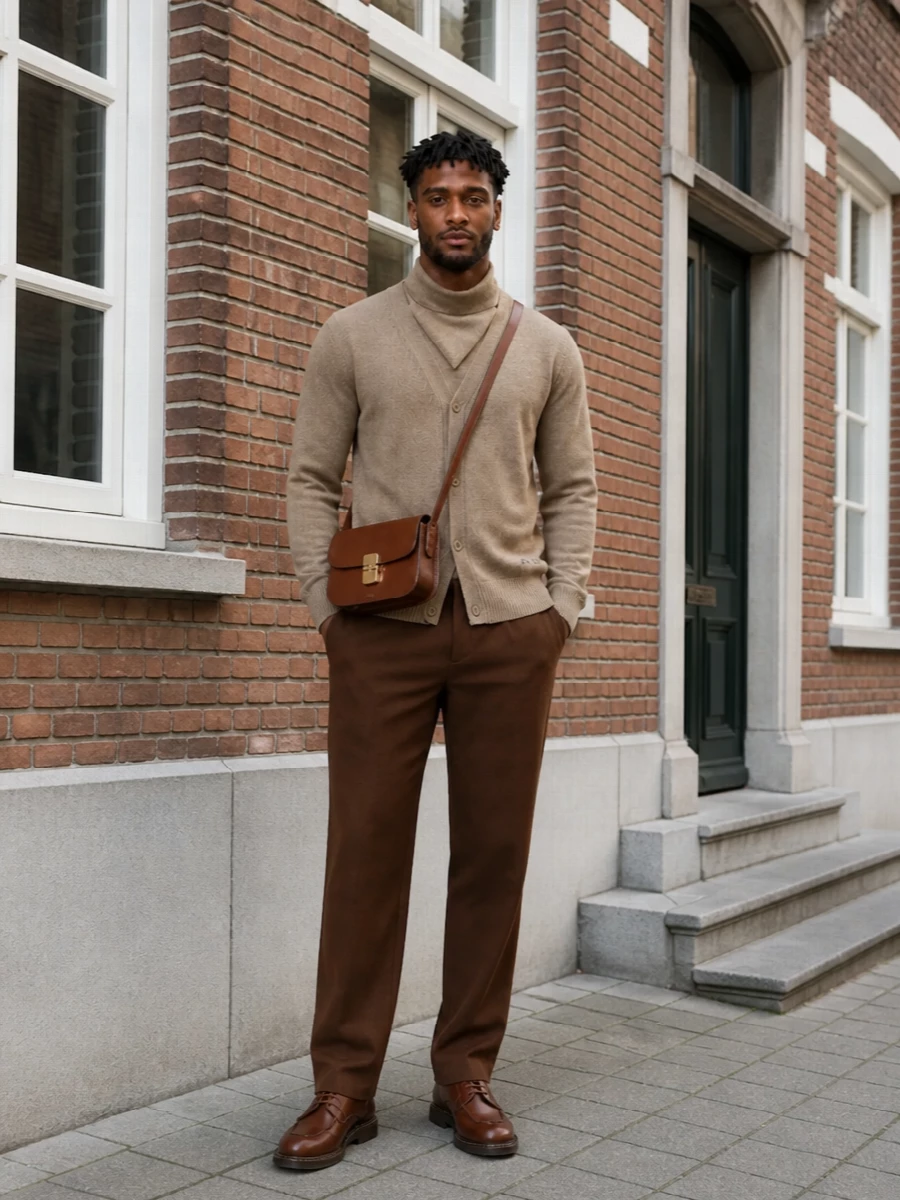 Apc camel cardigan ami trousers paraboot shoes