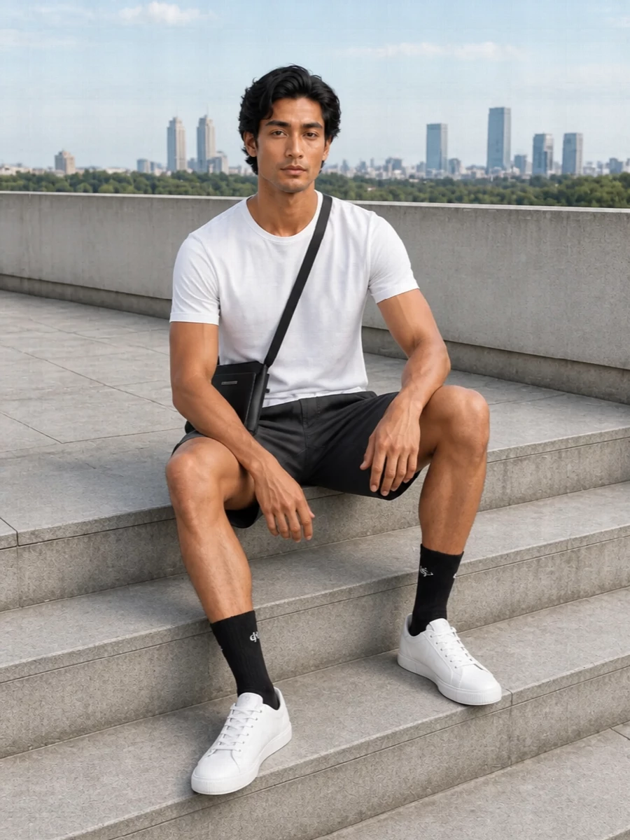 Calvin klein mens white tee charcoal shorts outfit