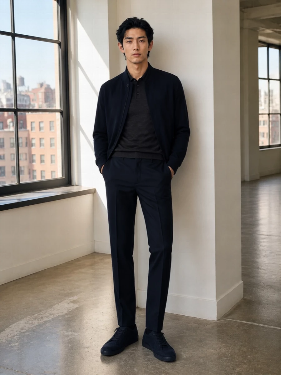 Zegna navy bomber tailored trousers sneakers