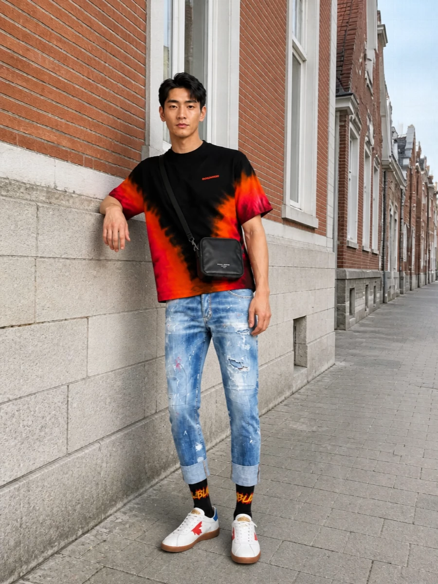 Dsquared2 tie dye tee distressed jeans outfit