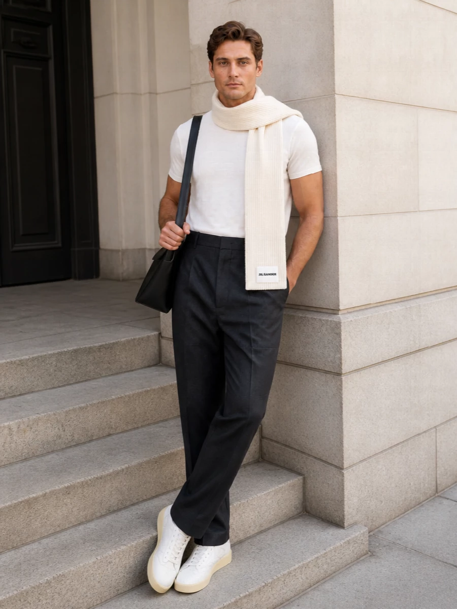 Jil sander off white tee charcoal trousers sneakers