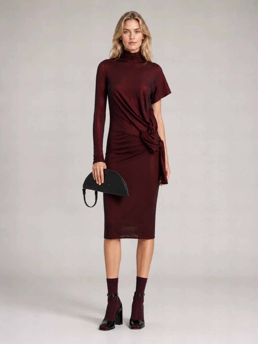 Maison Margiela Viscose Asymmetric Long-Sleeve Turtleneck Knee-Length Dress