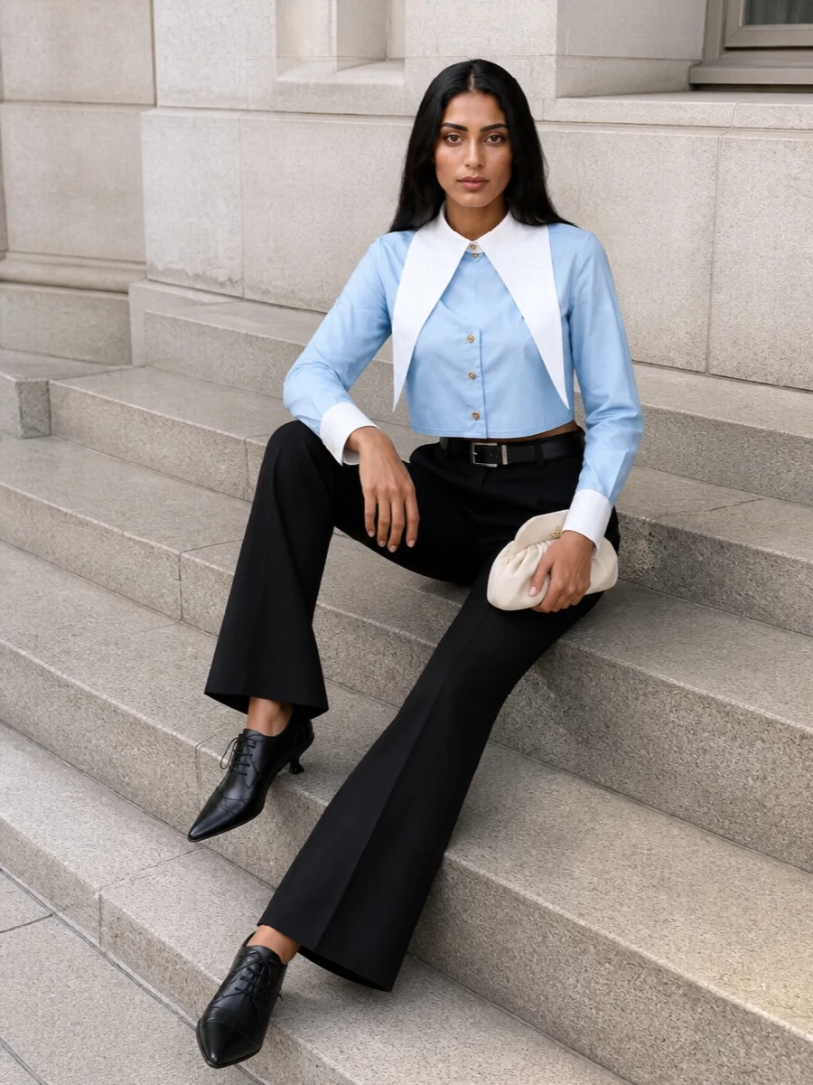 Vivienne westwood blue shirt black flared trousers