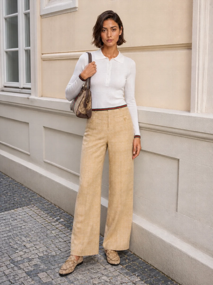 This is a crisp Gucci-uniform moment built around creamy neutrals and tailored ease, letting the web-striped shoulder bag lead the narrative. The white knit polo and light beige wide-leg trouser create a long, Riviera-preppy line, with the GG-canvas loafers quietly echoing the bag’s monogram and horsebit for a cohesive, quietly polished finish. It is relaxed enough for daytime but considered enough for smart city appointments, all while keeping the branding focused and deliberate.