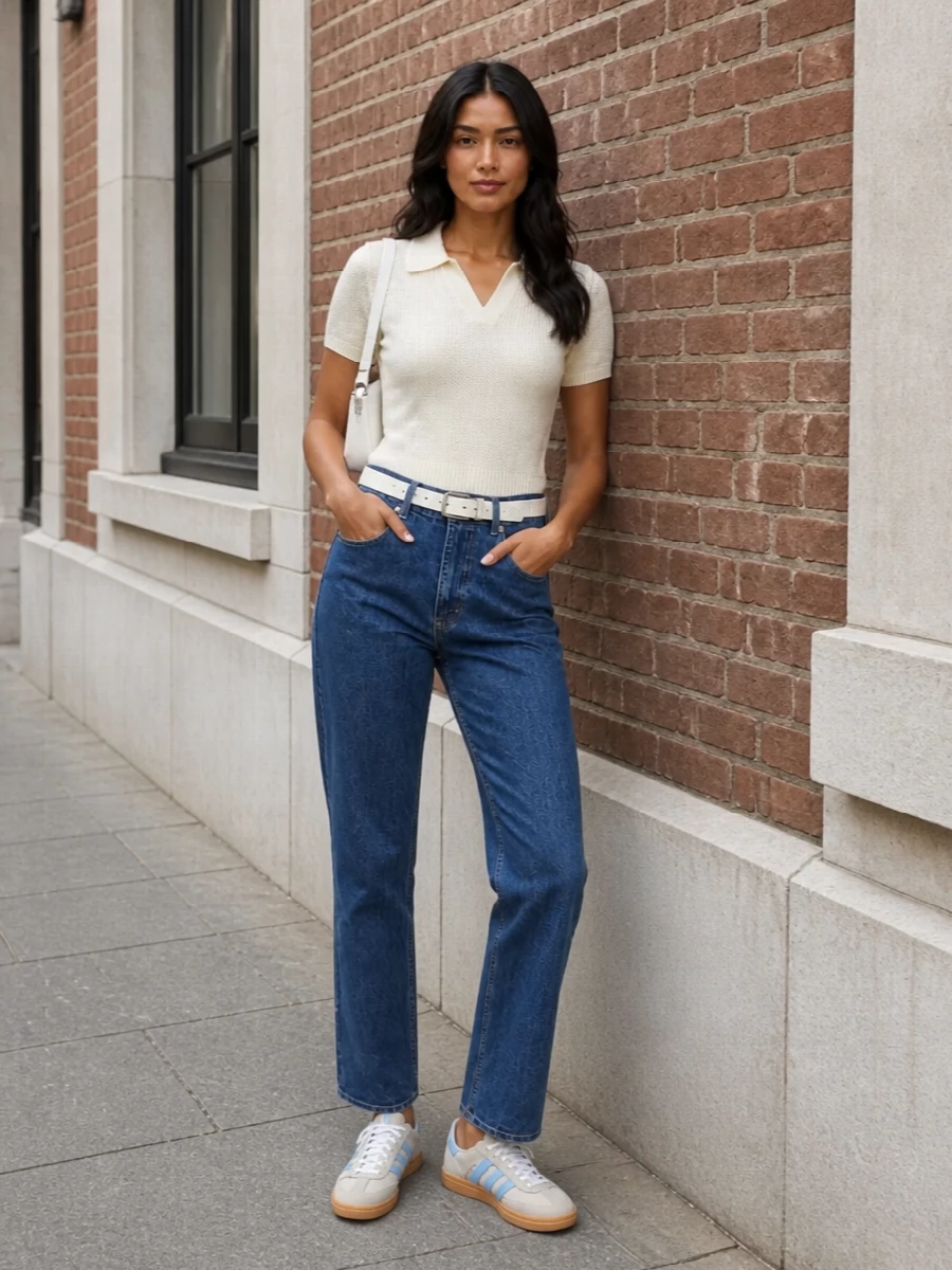 Mid-indigo denim sits with a soft-cream knit polo and white belt for a clean, preppy take on casual dressing. Beige and sky-blue sneakers keep it relaxed and fresh, while the structured white cross-body adds a sharp, modern finish without disrupting the ease. The result is an easy uniform that moves from coffee runs to low-key office days with minimal changes.
