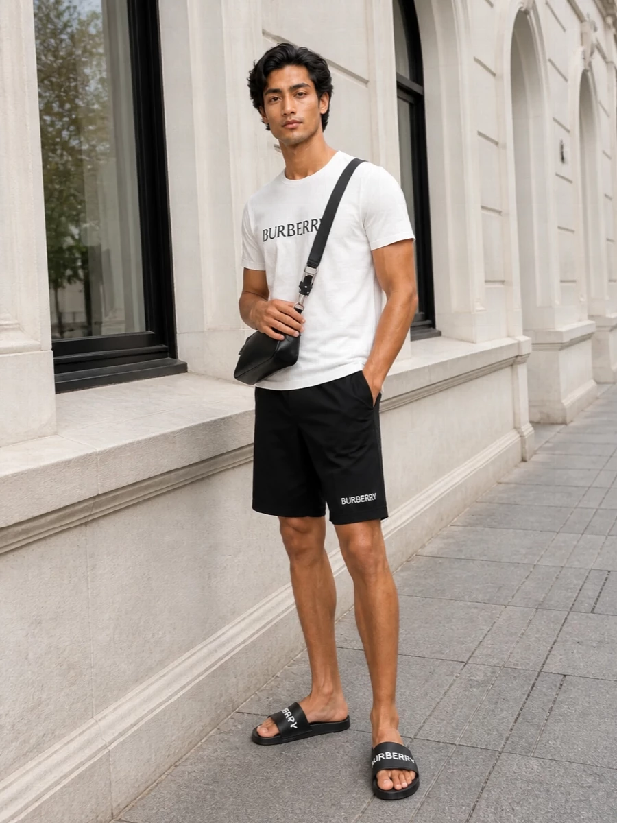 Burberry logo slides black shorts tee outfit