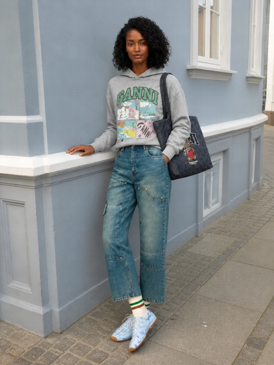 Ganni hoodie utility jeans floral flats outfit