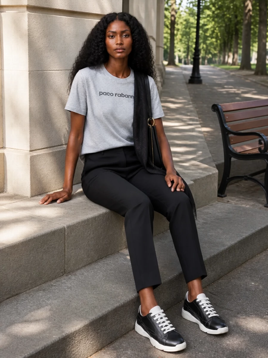 Paco rabanne grey tee black trousers outfit
