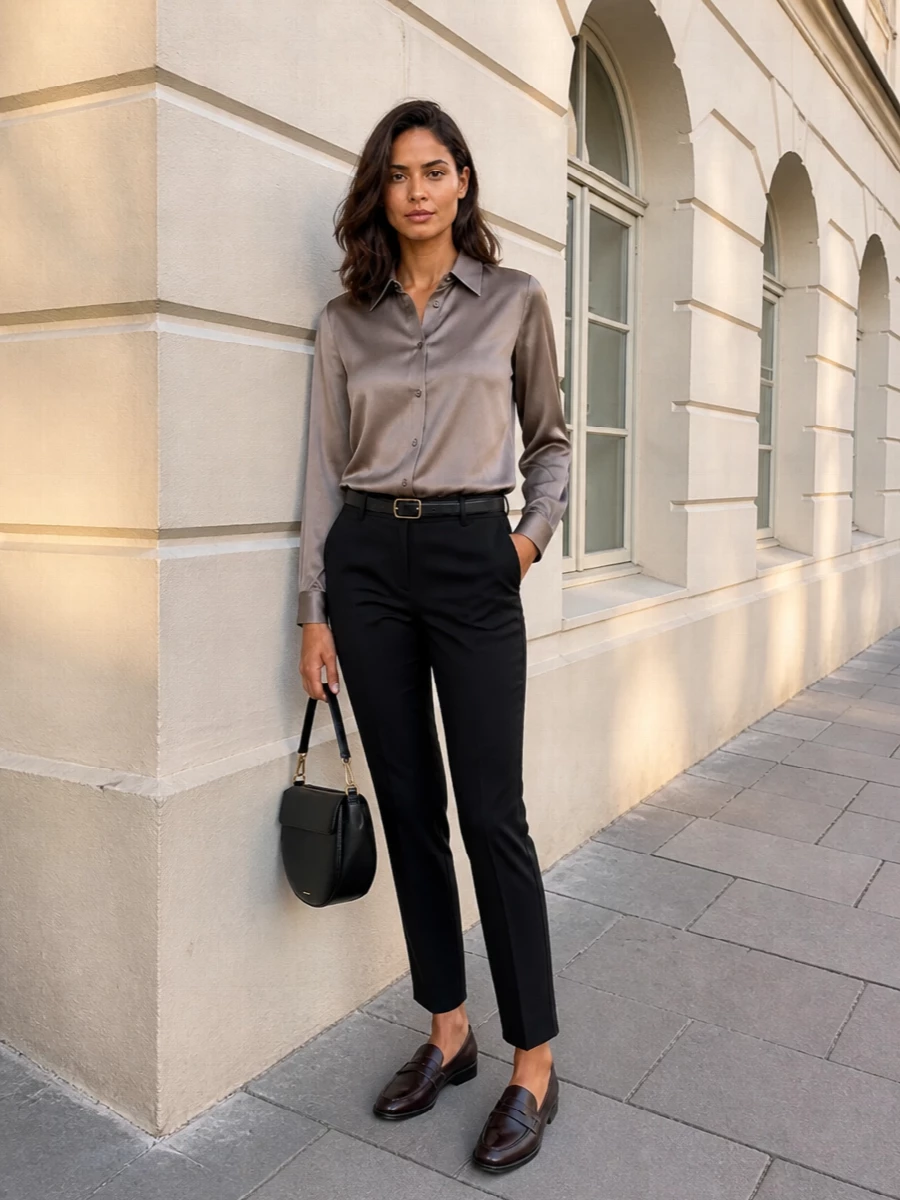 A fluid taupe satin shirt skims into sharply tailored black trousers for a refined, warm-season take on modern suiting. Burnished loafers and a sculptural black shoulder bag keep the palette disciplined and polished, while a slim gold-accented belt quietly defines the waist. It is a composed, city-ready ensemble that moves easily from important meetings to late dinners without changing a piece.