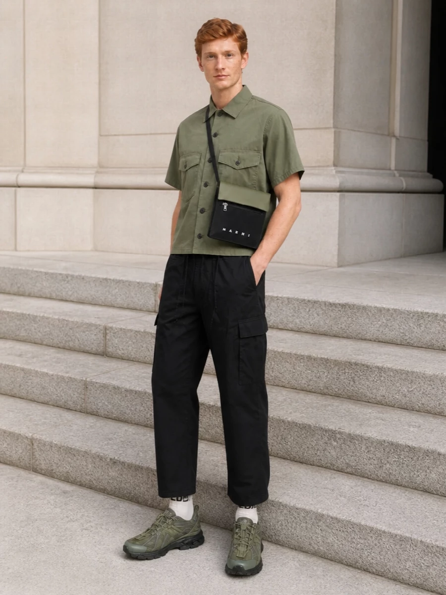 Needles olive shirt black cargo pants outfit
