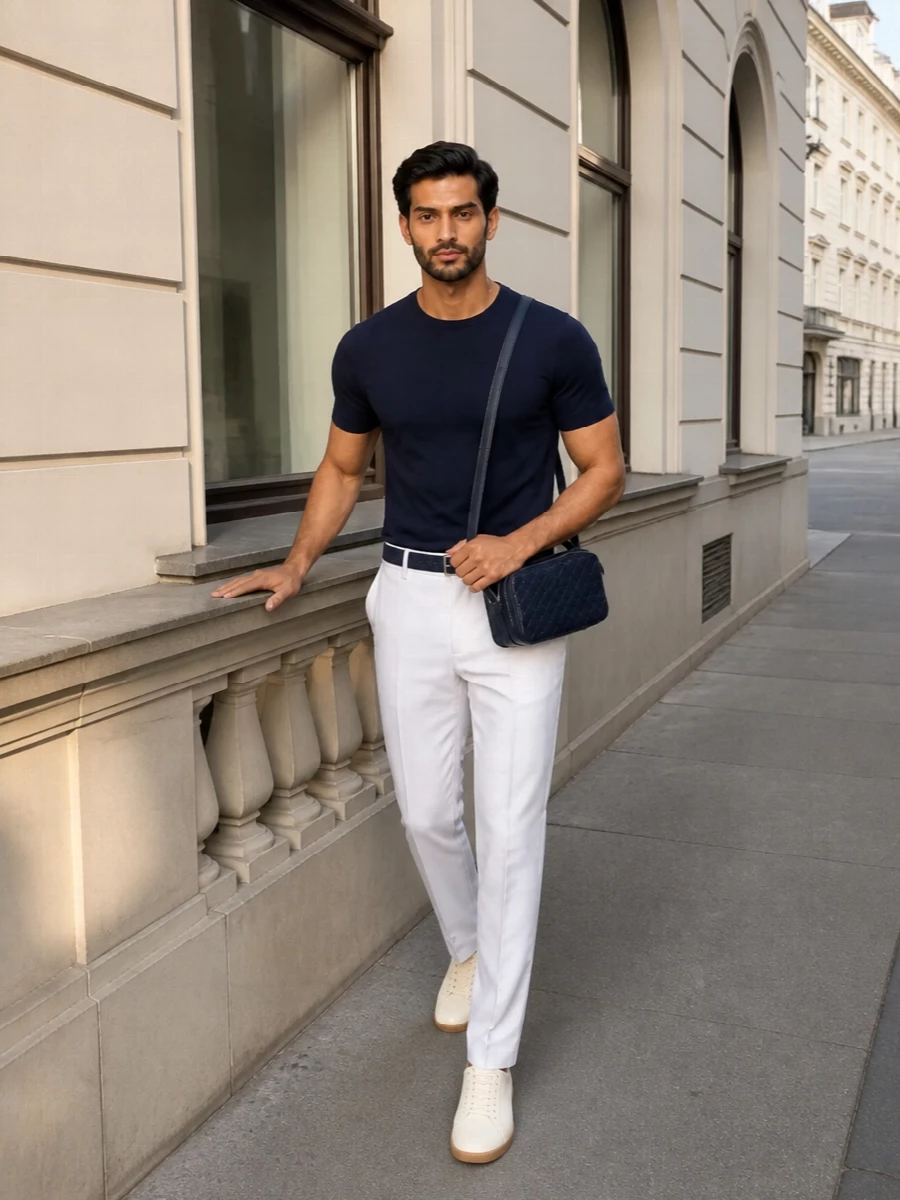 An ink Zegna short-sleeve knit is paired with optic-white tailored trousers for a clean, SS-ready take on quiet luxury that feels sharp yet effortless. Cream leather sneakers keep the line modern and relaxed, while the navy intrecciato box bag and braided belt echo the top’s tone, adding just enough texture and structure to keep the look quietly elevated from day to dinner.