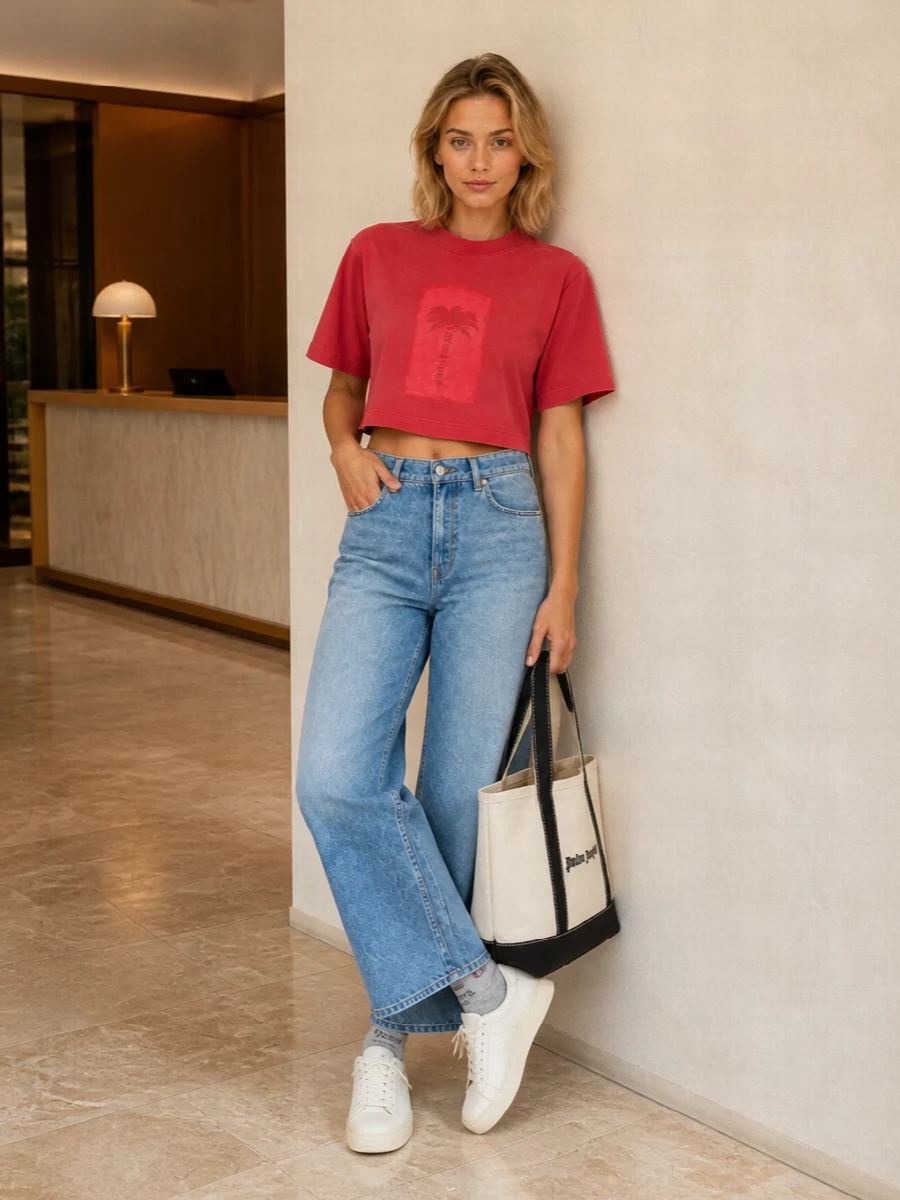 Palm angels red cropped tee wide leg jeans