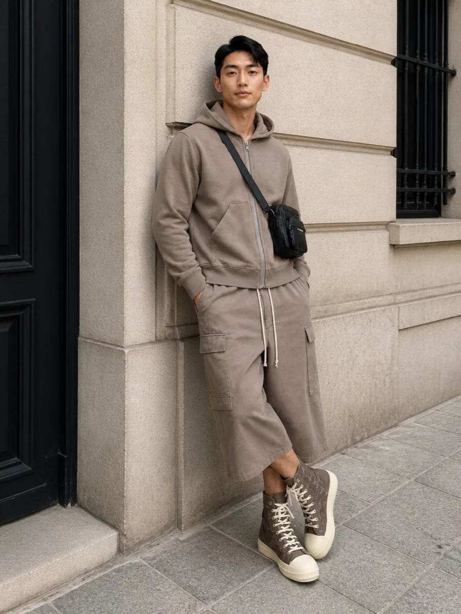 Rick owens taupe hoodie wide leg cargo outfit