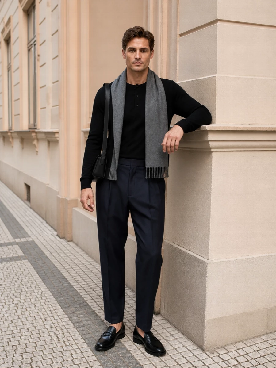 Studio nicholson henley navy pleated trousers outfit