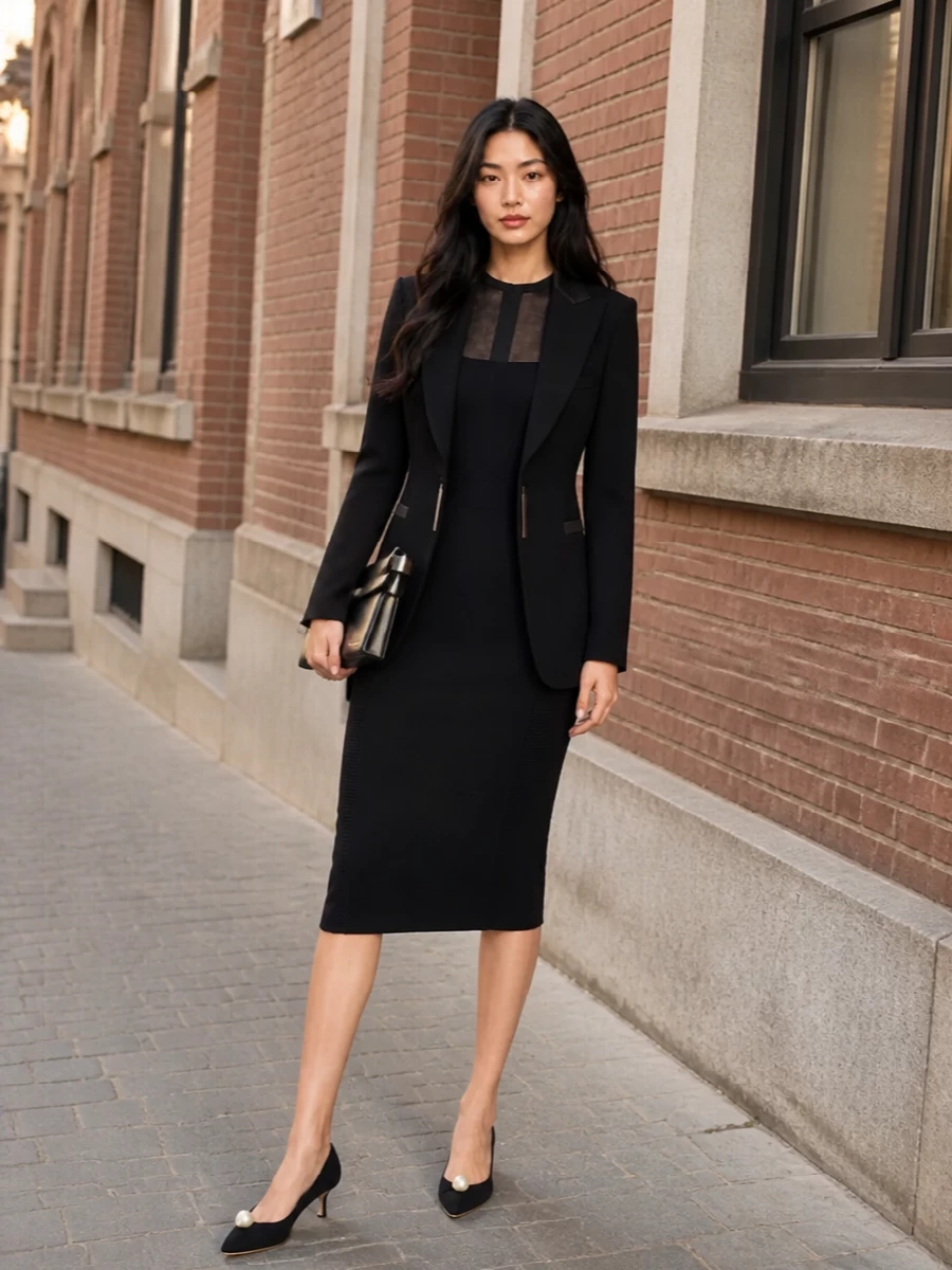 A sharply contoured black sheath anchors this outfit in clean, confident lines, with every accessory kept graphic and restrained. Satin kitten heels with a single pearl echo the dress’s sultry formality without tipping into excess. A sculptural black clutch in mixed metals finishes the palette with a modern, gallery-night polish that still reads as quiet luxury.