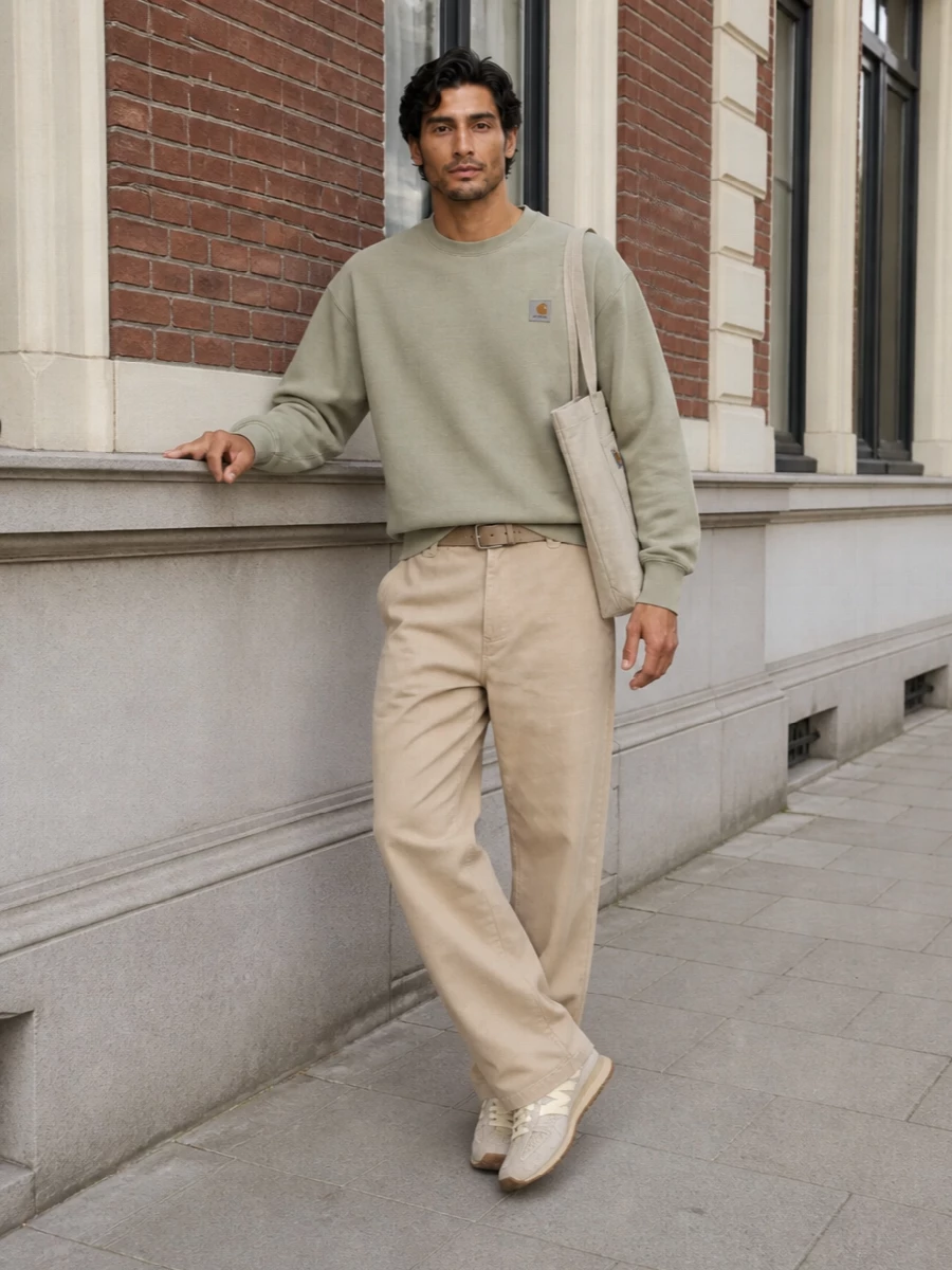 Loose beige Carhartt chinos are grounded with a washed sage crewneck for a soft, utilitarian streetwear uniform. Neutral New Balance runners keep it light on the feet, while the stone canvas tote and sand webbing belt finish the palette in a clean, tonal way. The result is relaxed, practical and cohesive without feeling overthought.
