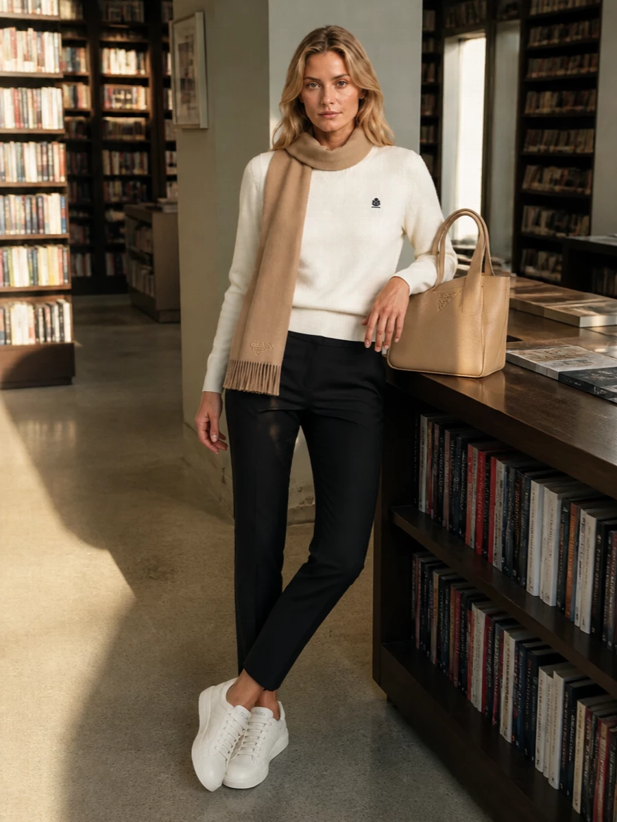 Prada buttercream sweatshirt charcoal trousers outfit
