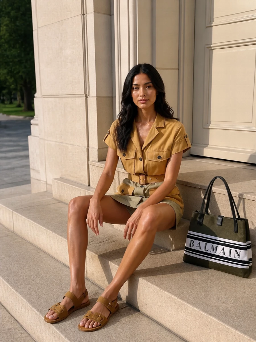 This is an urban safari uniform built around warm camel and khaki, with the Balmain tote pulling the greens into a sharper, graphic moment. The shirt dress keeps the line structured yet relaxed, while the tan flat sandal keeps it grounded and quietly preppy for long city days. Choosing the dress route over separates keeps the outfit clean and purposeful, letting the bag’s stripes and utility details do the talking without extra volume or fuss.
