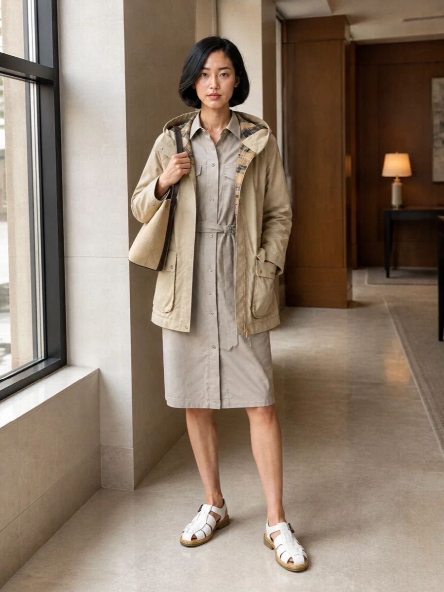 Barbour parka apc shirt dress fisherman sandals