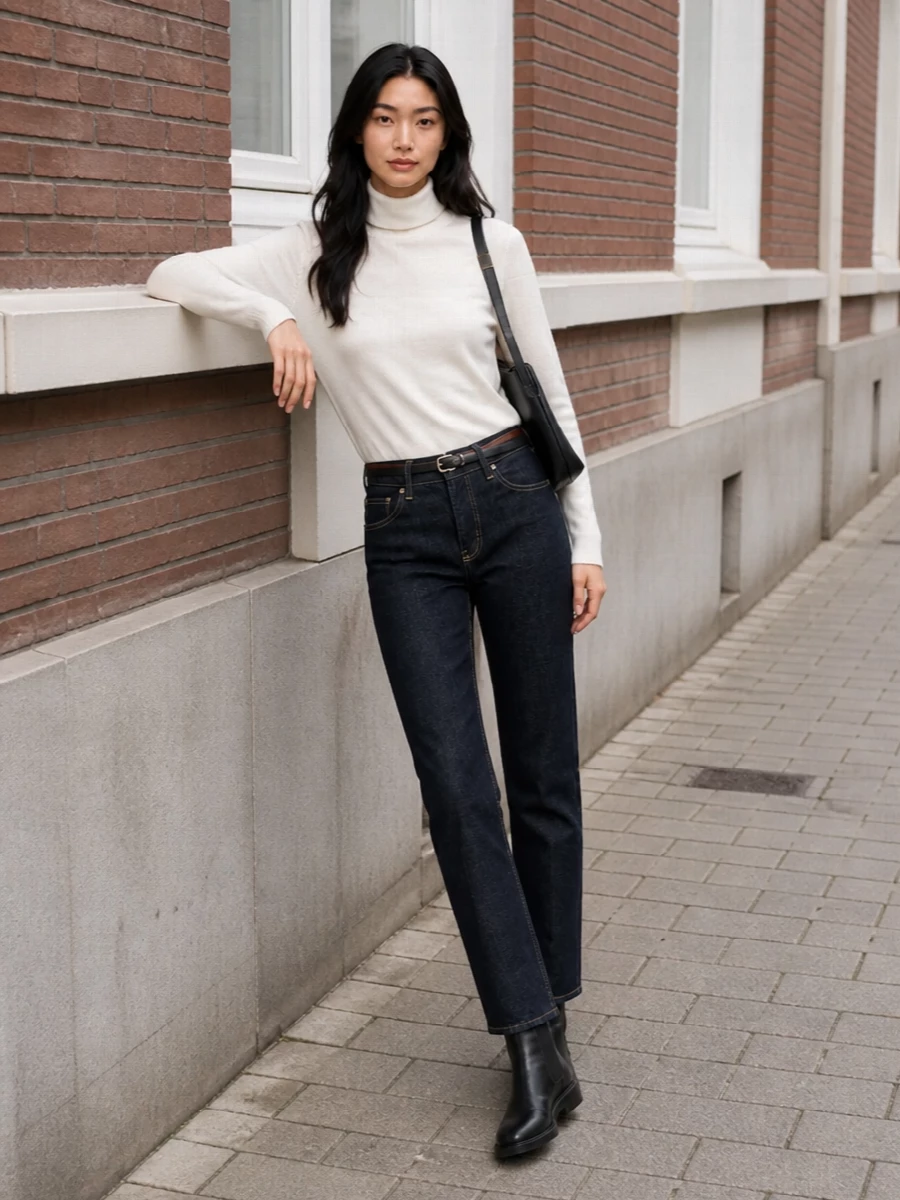 Toteme dark indigo jeans ivory turtleneck outfit