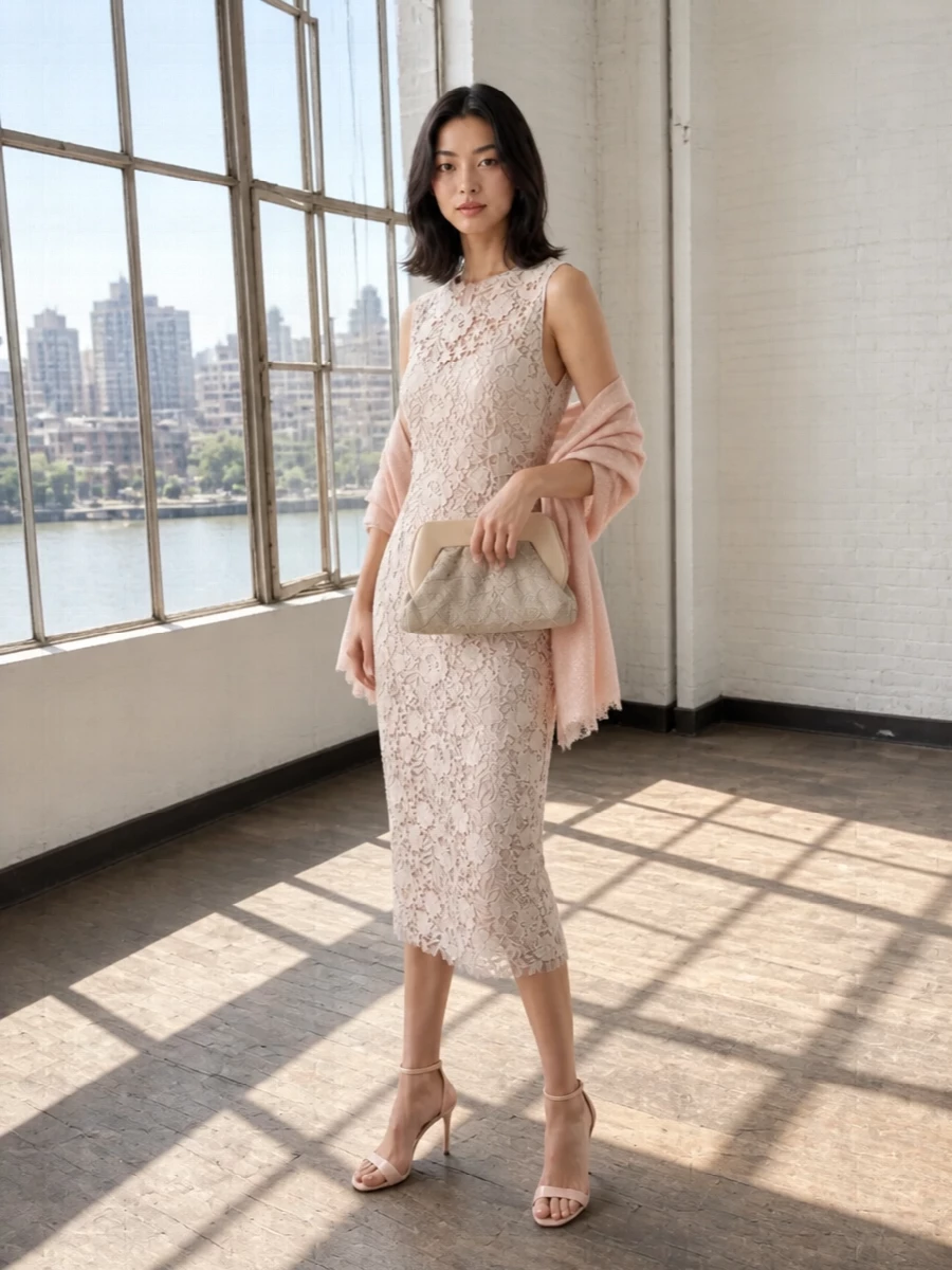 Parosh’s lace midi sheath is styled for weddings and terraces with a nude-blush Casadei sandal that visually disappears, leaving the floral texture to shine. A softly structured Themoiré clutch in embroidered buttercream adds subtle pattern-on-pattern interest while staying within the quiet neutral palette. A blush Ferragamo wrap finishes the outfit with just enough romance and practicality for drifting from ceremony to late cocktails.