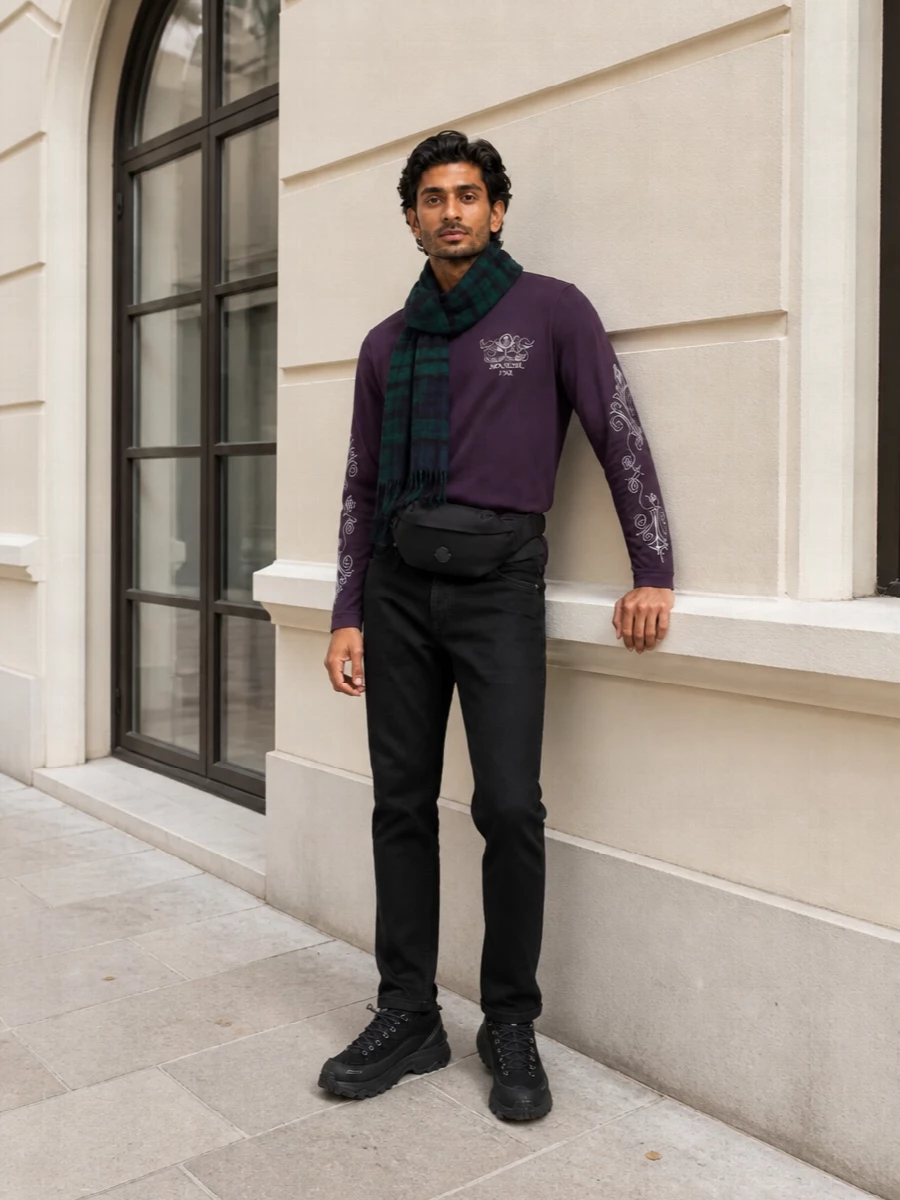Moncler plum long sleeve black jeans outfit