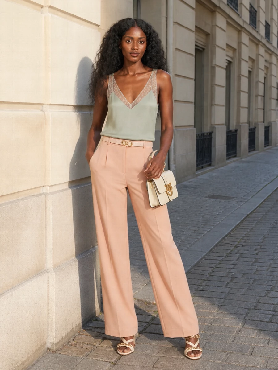 A sage lace-trim camisole skims into high-rise nude-peach wide-leg trousers for a softly elongated, romantic silhouette. Cream strappy heels and a buttercream flap bag keep the palette light and golden-hour ready. A blush-nude belt adds just enough definition to frame the waist without disturbing the fluidity.