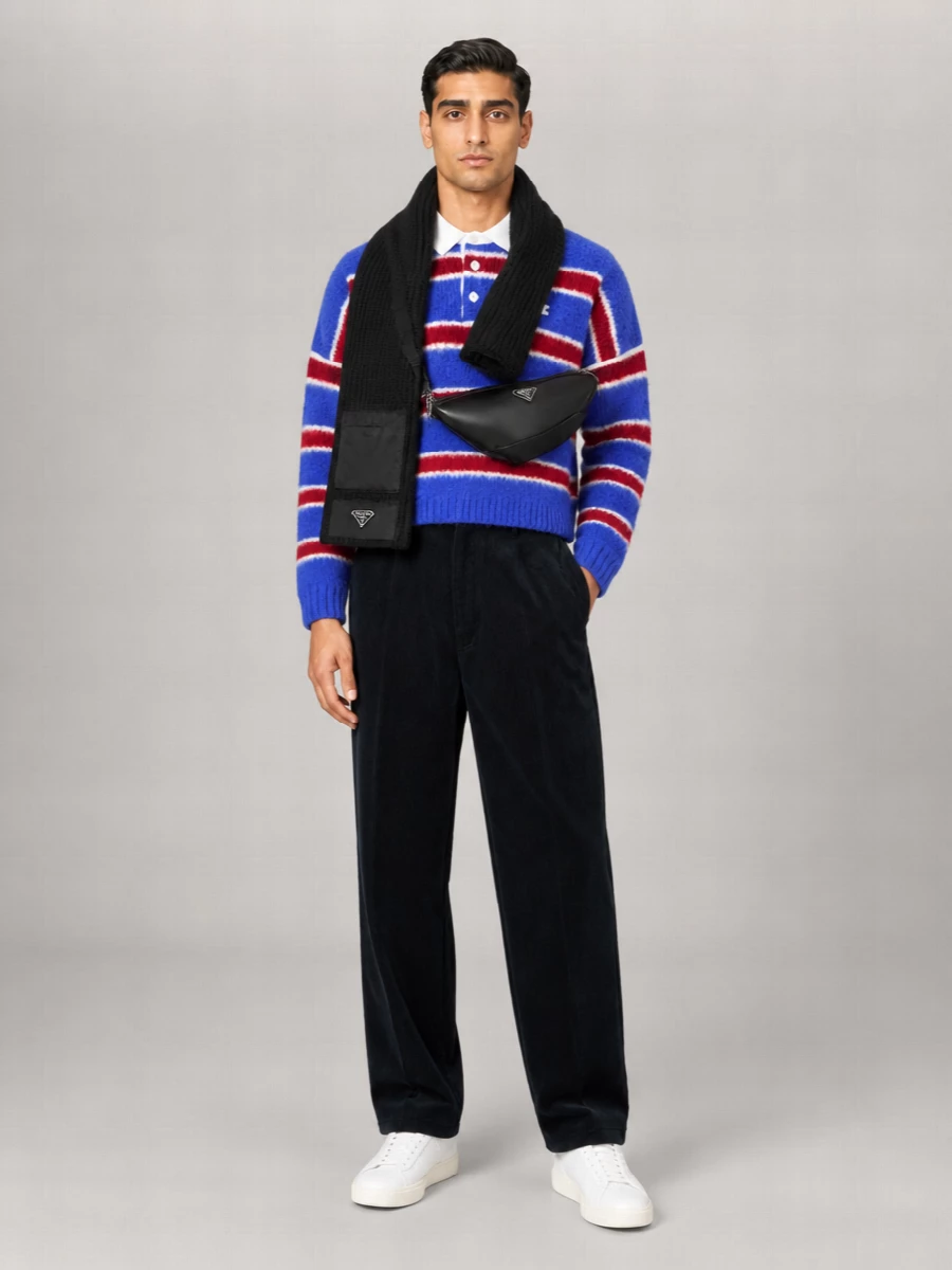 Celine Striped Cropped Long-Sleeve Polo Sweater
