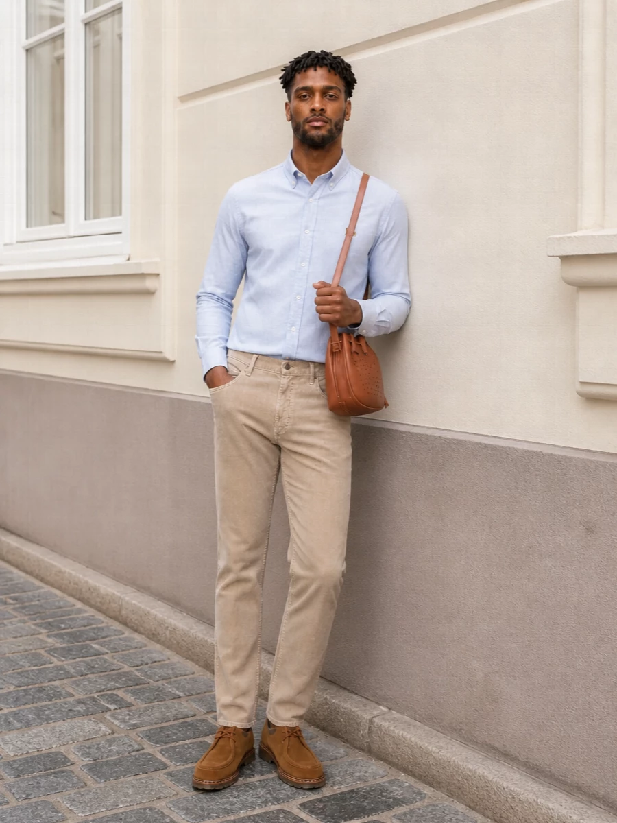 A pale blue Oxford shirt, sand corduroy trouser and tan Paraboot derbies create a warm, collegiate take on smart casual. The palette stays soft and tonal, while subtle texture in the cords keeps the outfit interesting without feeling busy. The cognac leather bag quietly reinforces the earthy notes for an easy city day uniform.