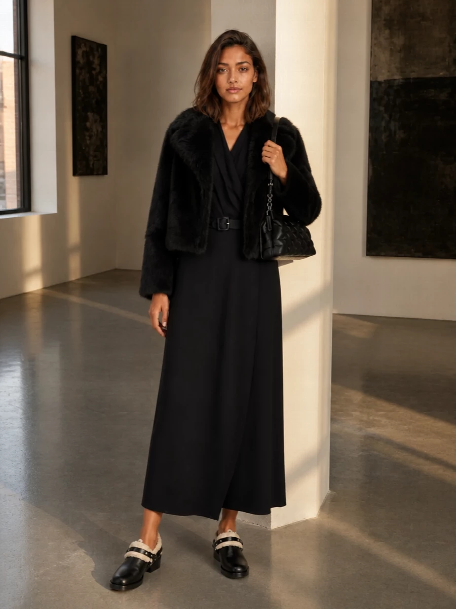 I am styling this as a dress-and-coat ensemble rather than tailoring separates, because the cropped faux-fur reads most modern and minimal over a single, fluid black column. The Patou wrap dress gives that column, the Paco Rabanne mules introduce subtle edge without breaking the monochrome, and the compact Margiela bag keeps everything firmly in the refined, evening city space. The result is plush yet sharply restrained, all about texture and proportion instead of visible branding or color contrast.