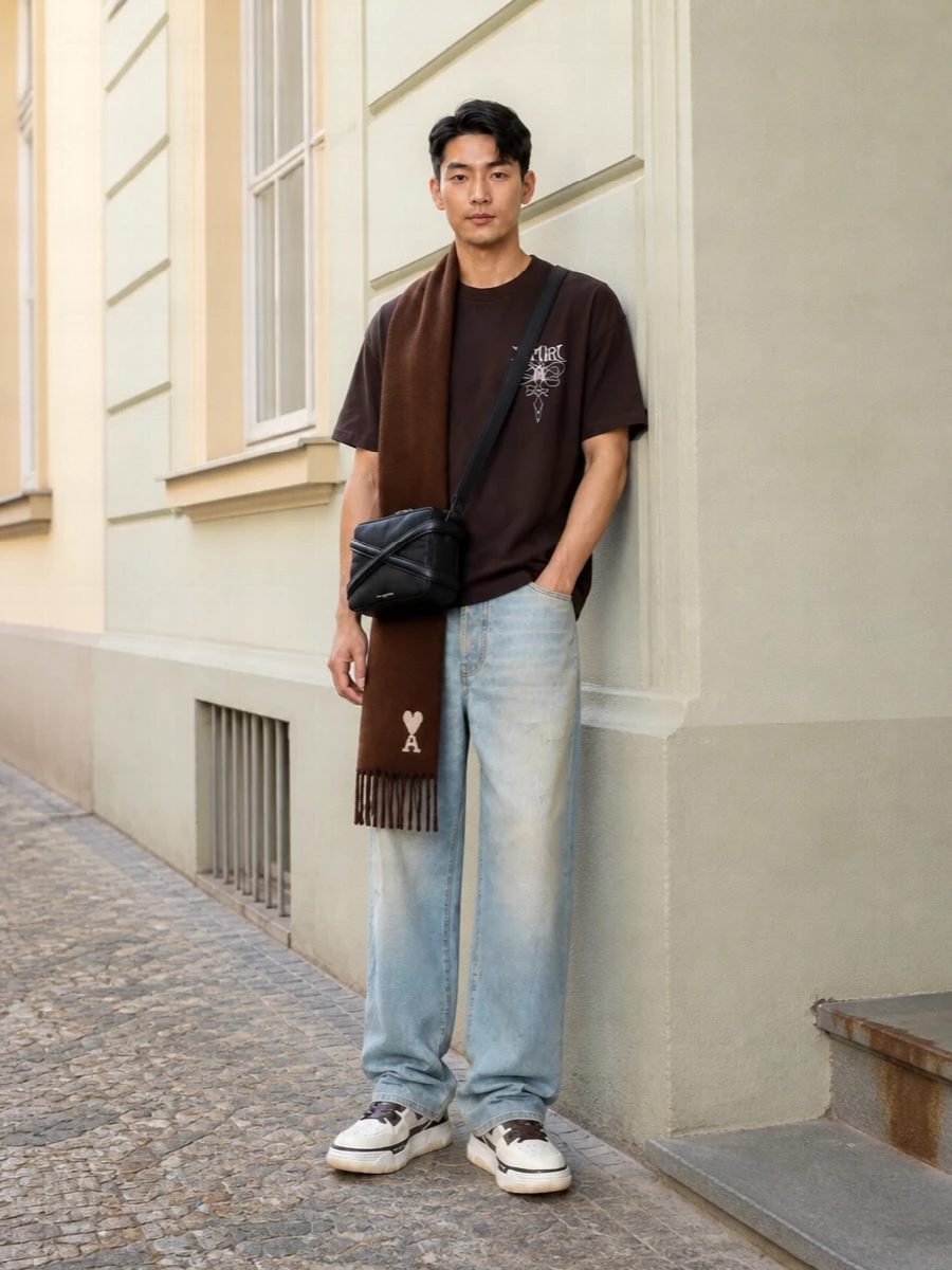 A dark chocolate graphic tee sits against relaxed, sun-faded denim for an easy LA street attitude that still feels considered. Cream and brown sneakers subtly tie back to the top, while the structured black crossbody and matching scarf sharpen the palette without adding noise. The result is a clean, logo-led city uniform that reads modern and relaxed rather than over-styled.