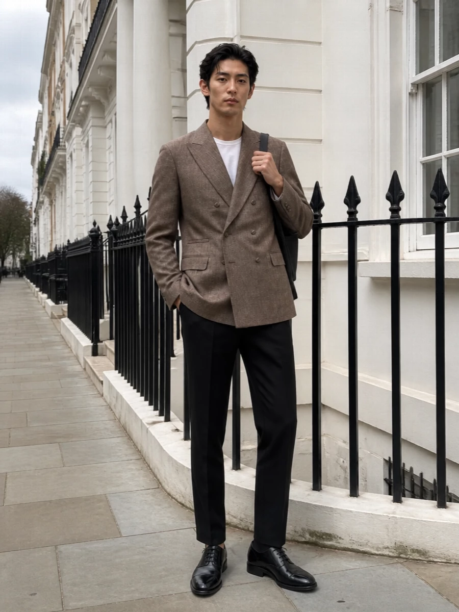 A taupe double-breasted jacket over precise black trousers creates a softly contrasted take on formal tailoring that pairs naturally with high-shine black Oxfords. The result is quietly powerful, suited to formal dinners and important city evenings where refinement matters more than noise. A slim black clutch keeps the whole composition sharp and controlled without breaking the line of the suit.