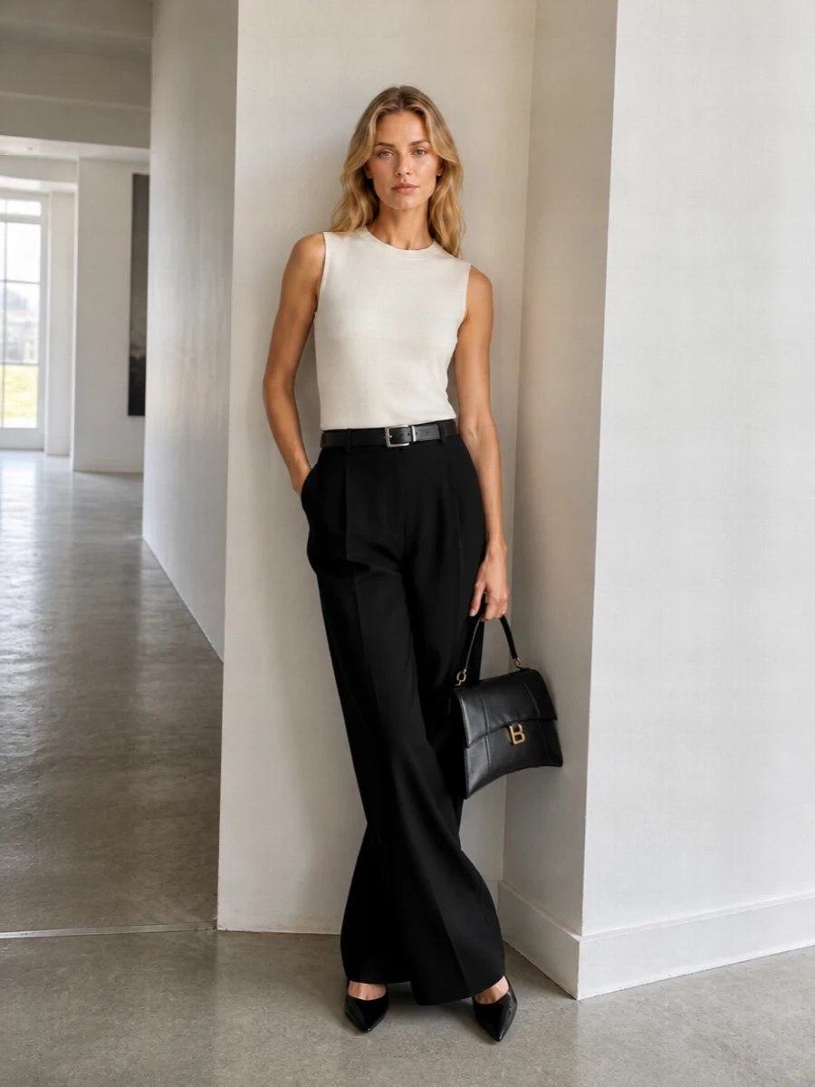An ivory architectural shell meets fluid high-waisted black tailoring for a strict yet quiet monochrome statement. The pointed pump and sculpted black bag keep the lines sharp, while a slim belt offers the option to define the waist without breaking the purity of the palette.