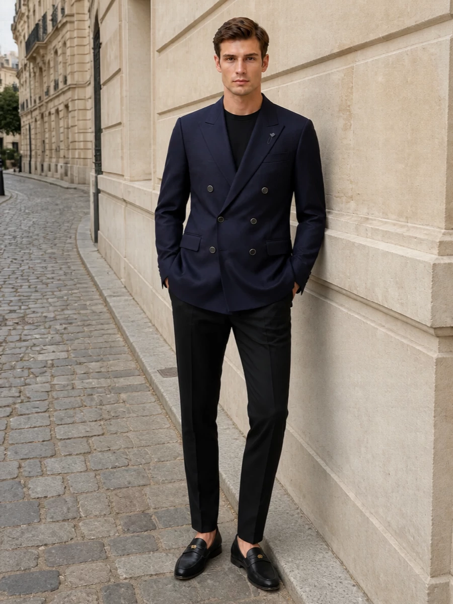 Lardini navy blazer black trousers loafers