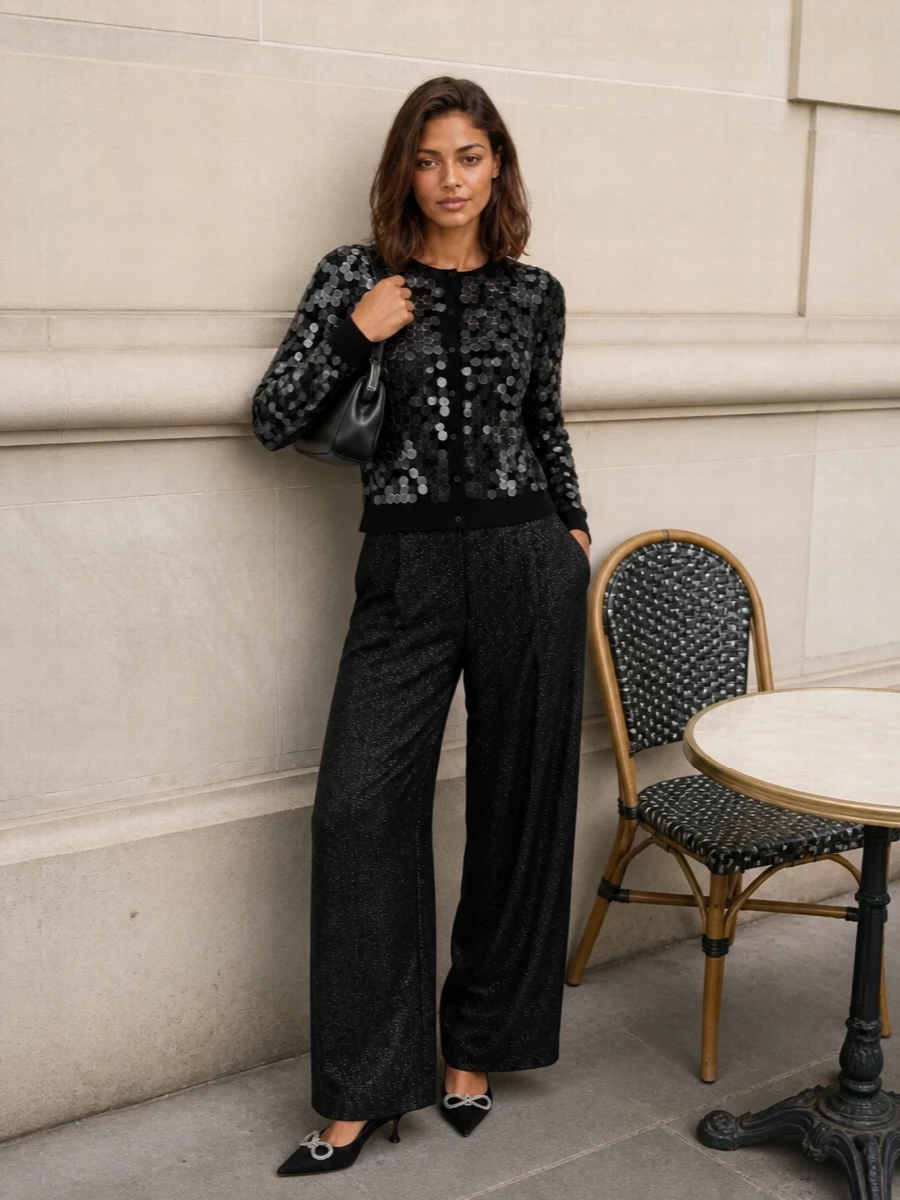 Max mara sequin cardigan black wide leg trousers