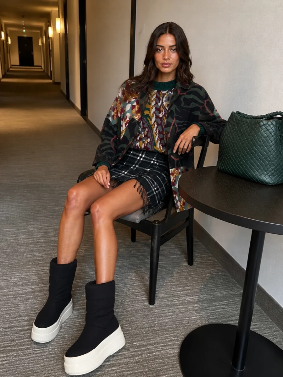 I’m keeping you in the top and bottom route so the Dries shirt-jacket can stay the hero, with layers that play into its print and palette rather than fight it. The paisley Etro knit and Burberry kilt mini create a rich, collegiate-meets-gallery mix, while the Rick Owens platforms and woven green tote pull it firmly into city-street territory. The result feels bohemian, graphic and romantic, but grounded enough to wear from daytime errands to a low-key dinner without a change.