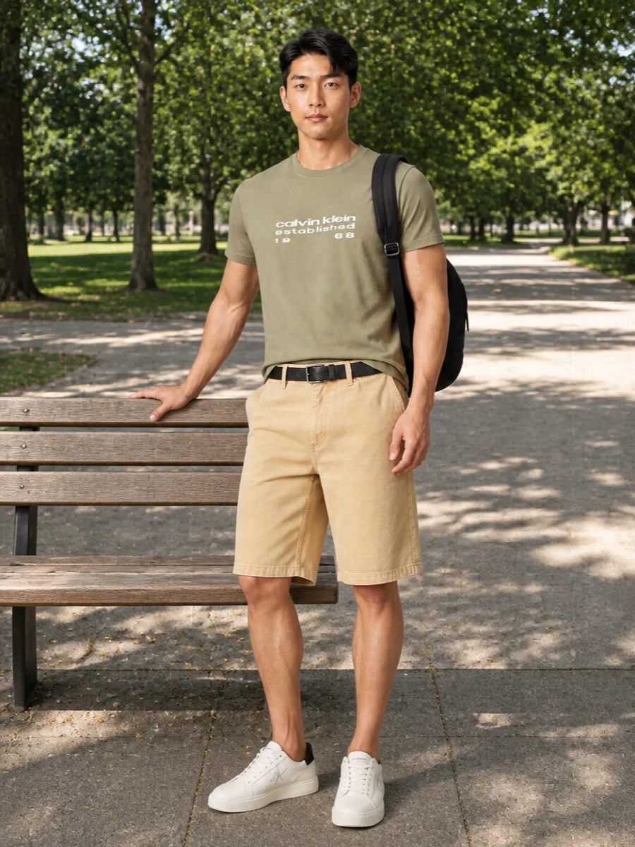 Calvin klein khaki tee khaki shorts white sneakers