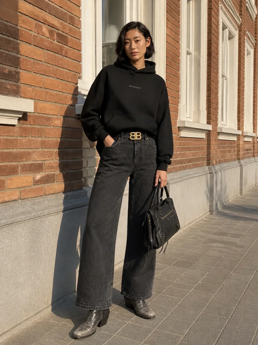 Washed-black denim, a boxy hoodie and distressed Cuban-heel boots create a monochrome Balenciaga uniform that feels easy but considered. The moto tote and slim logo belt bring just enough structure and branding to keep it sharp without losing the relaxed attitude.